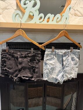 2 Pair American Eagle Outfitters Distressed Jean Shorts in Black and Light Blue